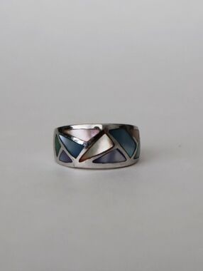 Sterling Silver Inlay Mosaic Band Ring in Blue and Green